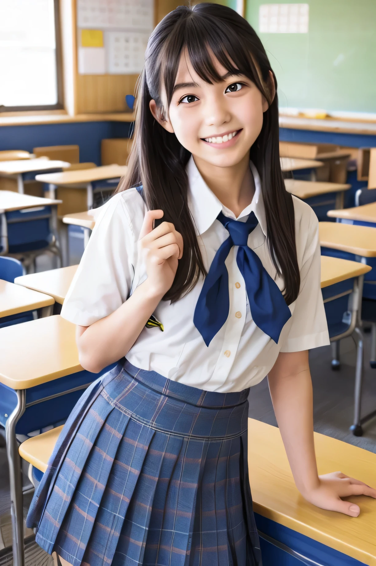 A Japanese high school girl with a big smile、Location: School classroom