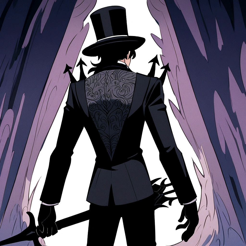 man in black top hat, black tie, black suit, sword on his waist, black trident on his back, cartoon style, anime style, anime boy soft