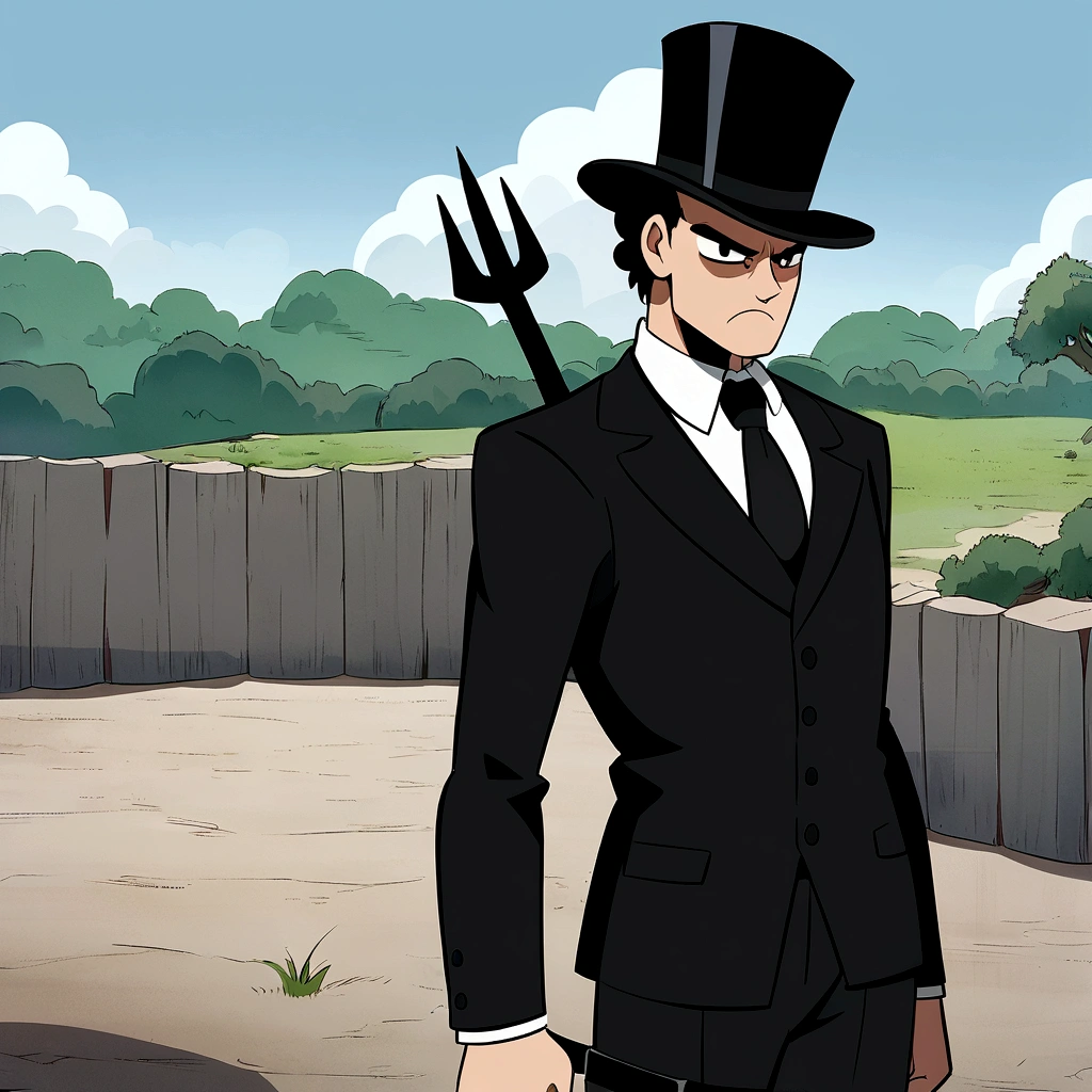 man in black top hat, black tie, black suit, sword on his waist, black trident on his back, cartoon style, anime style, anime boy soft