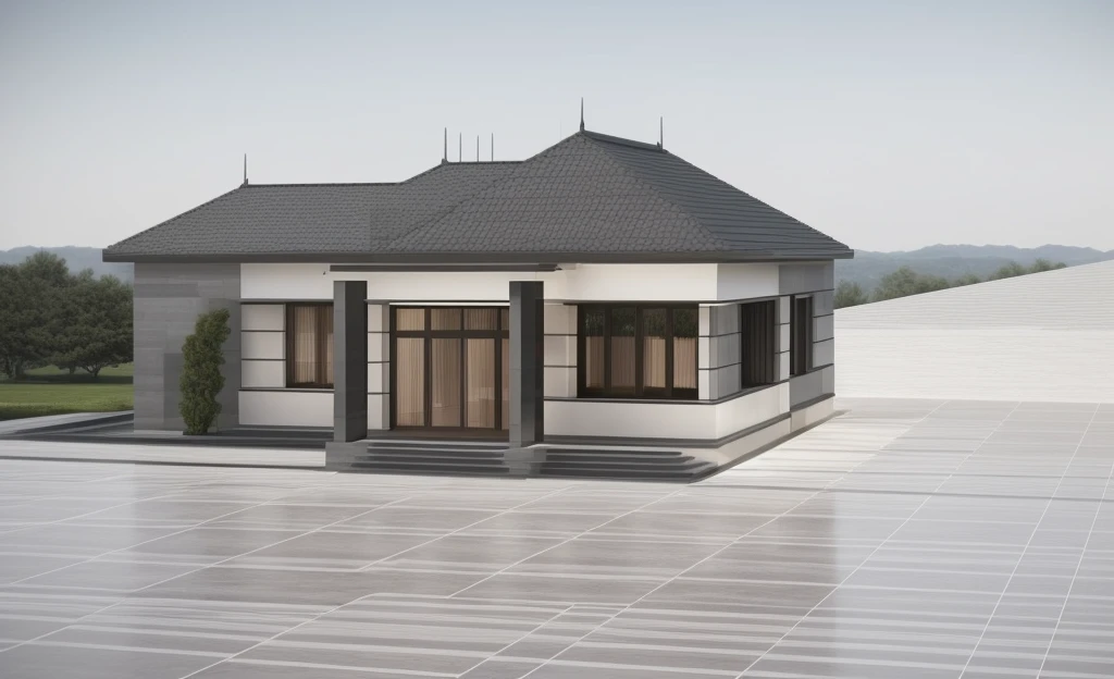 (masterpiece), (quality photo), (real photo), (clear photo), (daylight), (render a house as beautiful as the photo), (tiled roof), (remove the red area), (2 black pillars in front of the house)