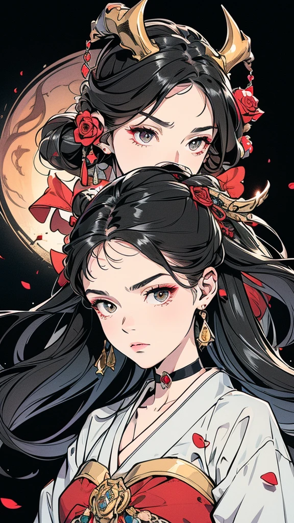 Seven Rhaeyar (Deylta), Ancient Star goddess, Perfect female anatomy (Royalty, Adult Female, 166cm in height, Cool pale skin, slim, slender, 34D breast size, Long Jet Black Hair, Gray Colored Iris , a set of Jet black colored horns on her head), Neutral facial expression, Elegant black uniform dress, female choker accessory with silver complimentary jewelry, dragon motifs, Black rope accessories, Simple Black Background, receiving light from the front, Slightly focusing on her face up close, Ethereal glow, Red Rose petals falling, Japanese inspired