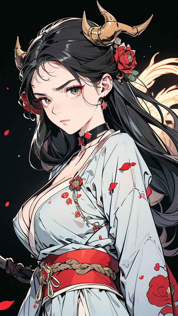 Seven Rhaeyar (Deylta), Ancient Star goddess, Perfect female anatomy (Royalty, Adult Female, 166cm in height, Cool pale skin, slim, slender, 34D breast size, Long Jet Black Hair, Gray Colored Iris , a set of Jet black colored horns on her head), Neutral facial expression, Elegant black uniform dress, female choker accessory with silver complimentary jewelry, dragon motifs, Black rope accessories, Simple Black Background, receiving light from the front, Slightly focusing on her face up close, Ethereal glow, Red Rose petals falling, Japanese inspired