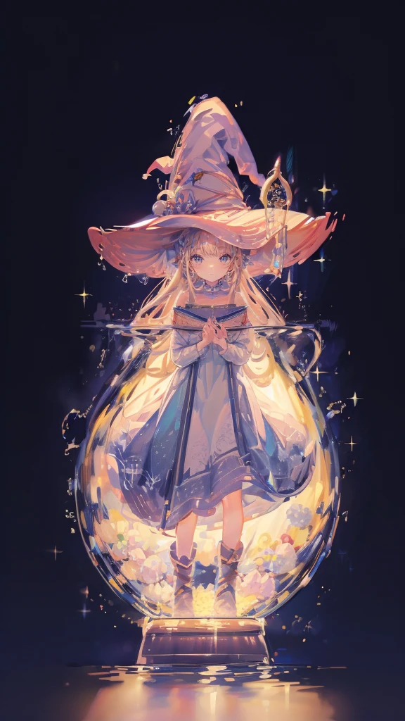 ((magic使いの女の子:1.5)), Full body photography，Perfect Face, Beautiful Face, Highly detailed face，(Long Hair:1.3)，(Witch Hat:1.3)，(Girl In A Bottle:1.4)、boots，Witch's broom，magicの杖，book of magic，Night Sky，たくさんのstar，Shine，smile，Light，magic，moonLight，starの粒，star々，moon，流れstar、Sparkling