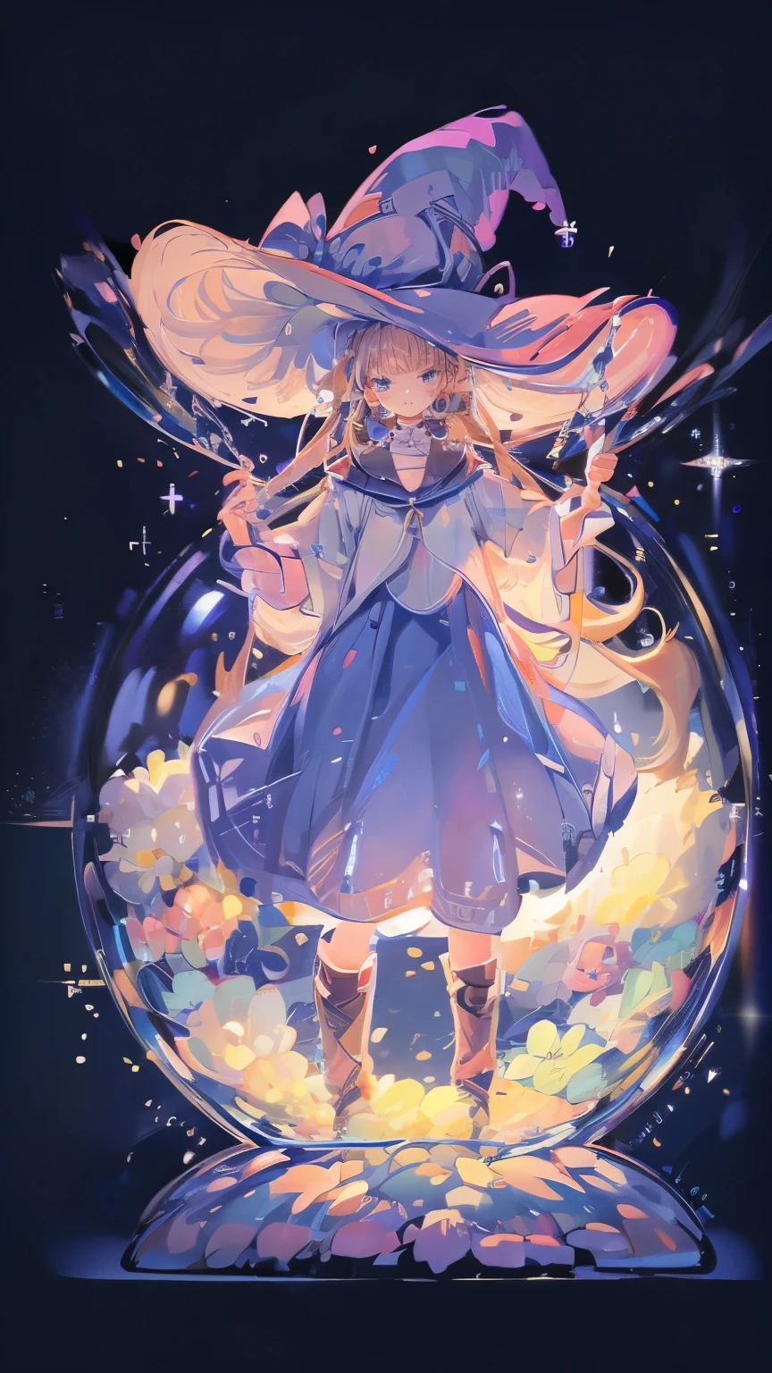 ((magic使いの女の子:1.5)), Full body photo,Perfect Face, Beautiful Face, Highly detailed face,(Long Hair:1.3),(Witch Hat:1.3),(Girl In A Bottle:1.4)、boots,Witch's broom,magicの杖,book of magic,Night Sky,たくさんのstar,Shine,smile,Light,magic,月Light,starの粒,star々,月Light,流れstar、Sparkling