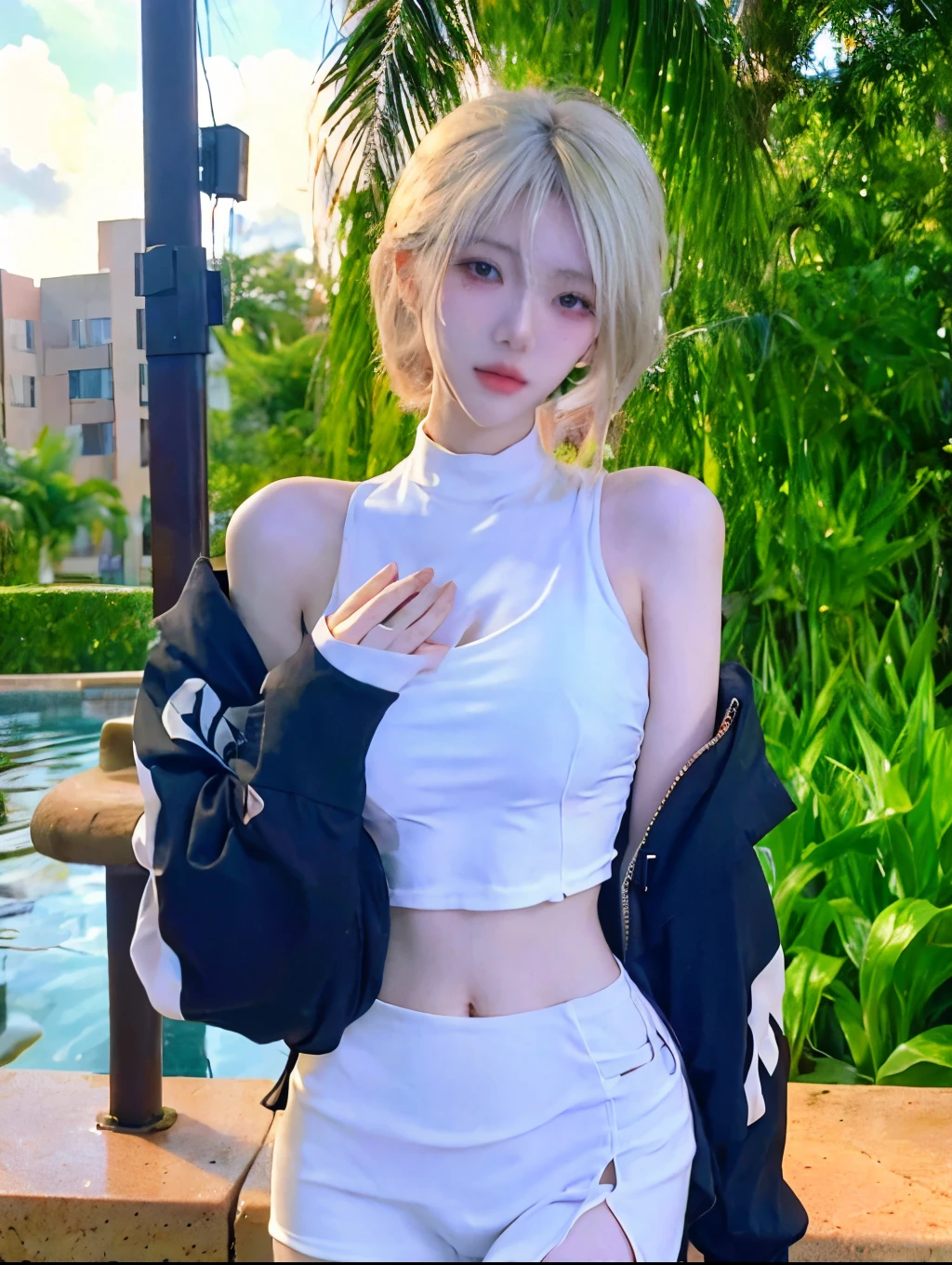 Beautiful woman with perfect figure:1.4,Layered hairstyle,White skin,Prominent cleavage,Bikini:1.5,Super short pleated skirt,whole body,Very delicate facial and skin texture,Double eyelids,Skin Whitening,Long white hair