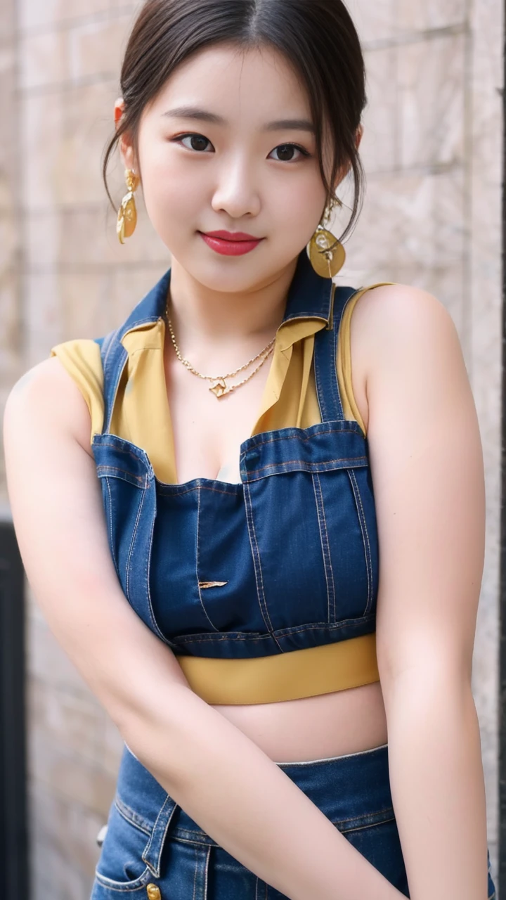 ((best quality)), ((masterpiece)), (detailed), perfect face, araffe woman in a long dark-blue shirt and blue denim skirt walking down a street, thicc,  wavy  short hair , she has a jiggly fat round belly, bbwchan, wearing tight simple clothes, skinny waist and thick hips, widest hips, her belly is fat and round, soft curvy shape, hyperrealistic full figure, wearing a cute top, wide hips, wearing 10 bracelet , wearing huge diamond necklace 