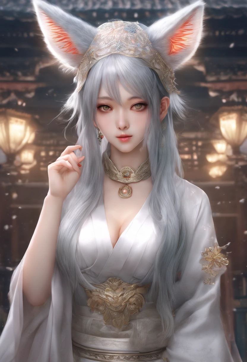 best quality,masterpiece,Ultra-high resolution,(photoactual:1.4),beautiful_Face,Twenty-five-year-old oriental nine-tailed demon fox woman,bright eyes,cleavage,Long silver hair above the waist,Wearing Ming Dynasty clothes(Bright 1：0）,Kagami Hana Suigetsu,Oil paper umbrella in hand,walking room,