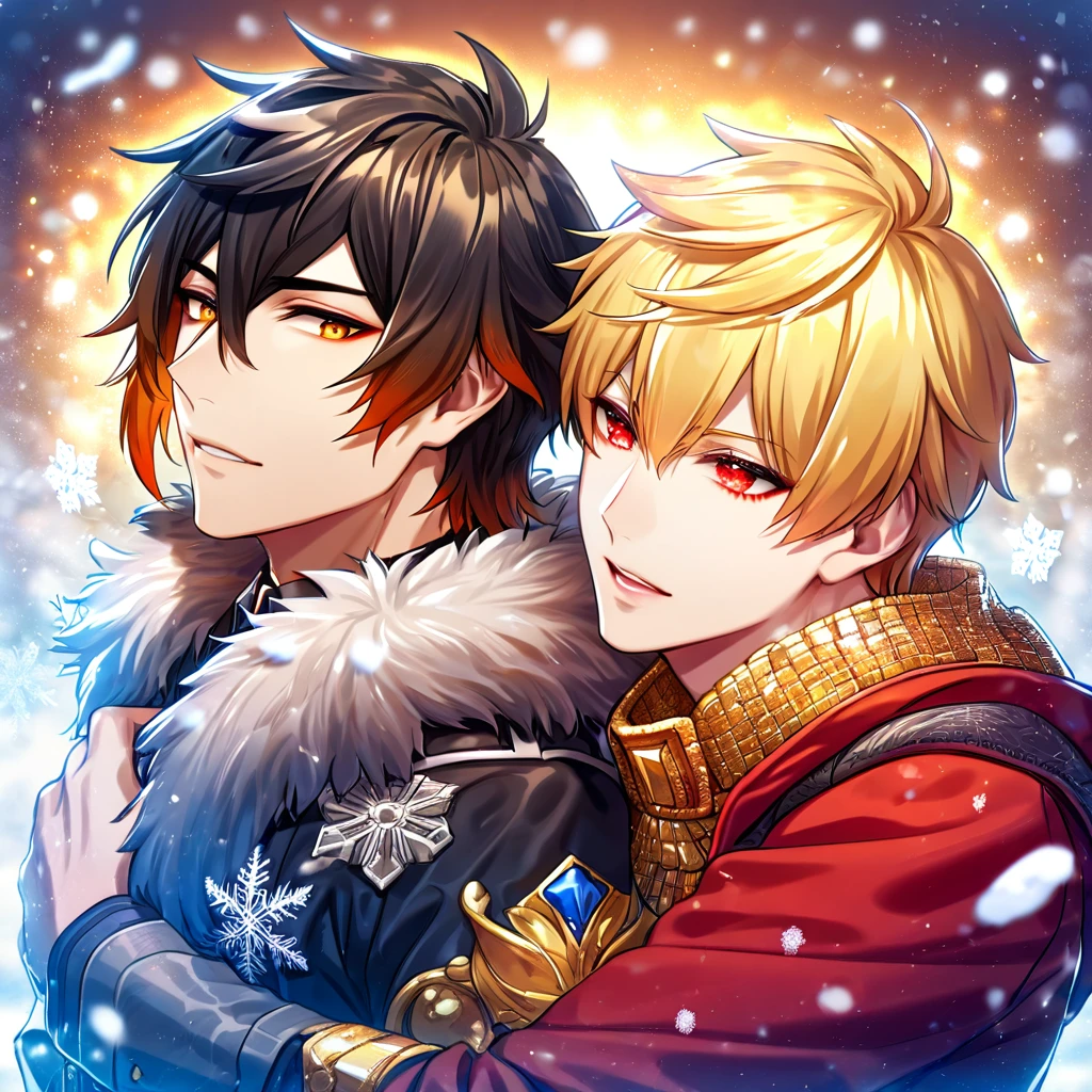 absurdres, highres, ultra detailed, HDR, master piece, best quality, extremely detailed face, delicated features, Gilgamesh, blond messy hair, expressive red eyes, fate grand order, Zhongli, black hair, expressive yellow eyes, two sexy men hugging, gay couple, handsome, black coat with fur, red coat with fur, fantasy clothes, snow, snowflakes, snowing, ice butterflies
