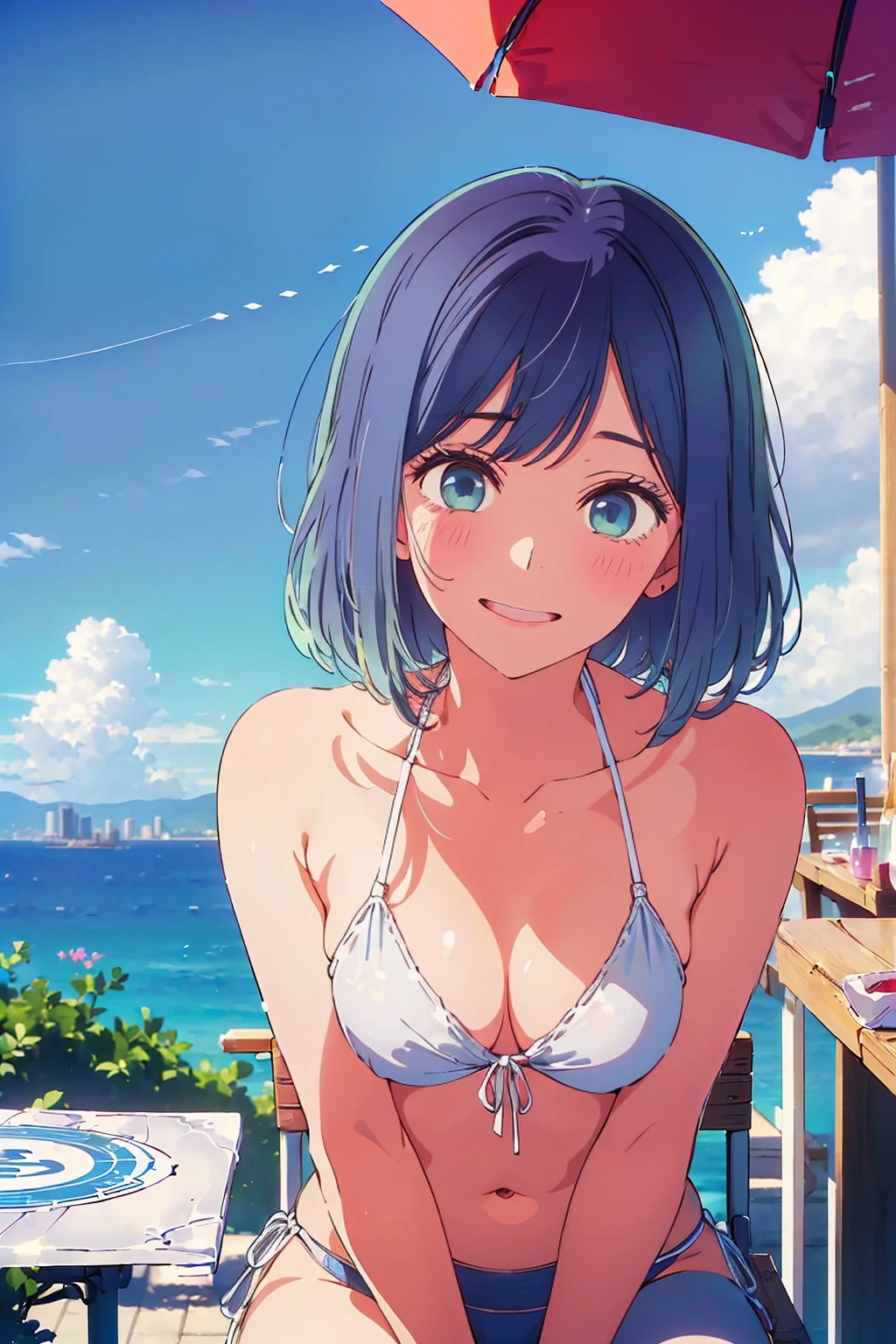 Highest quality,8k,detailed,F cup bust、Big Breasts、Slim and beautiful arms、Slim body、Very white beautiful skin、((((1 person、smile、Swimwear、smile、sit、Chair、In the background are the urban buildings of Tokyo、Outdoor café terrace、coastal、Navy hair color、juice、table、Cheek resting on hand、She is wearing a white side-string high-leg bikini、Looking up、Shooting up close、Very beautiful face、Very cute face))))、Sexy pose、Very blue sky、A completely cloudless sky、She tilted her head slightly、The atmosphere is bright and lively、The woman is at the center of the image。