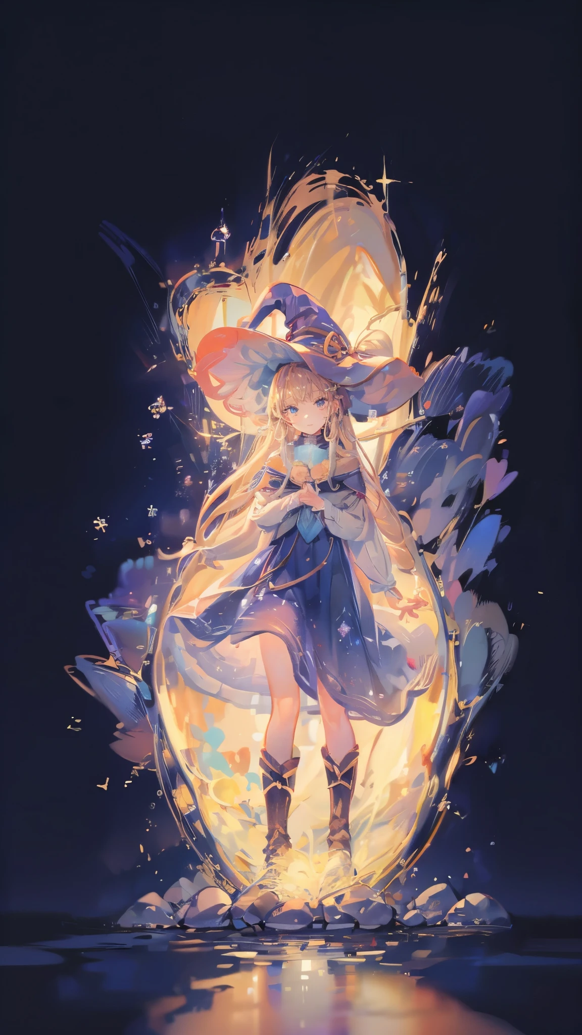 ((magic使いの女の子:1.5)), Full body photography,Perfect Face, Beautiful Face, Highly detailed face,(Long Hair:1.3),(Witch Hat:1.3),(Girl In A Bottle:1.4)、boots,Witch's broom,magicの杖,book of magic,Night Sky,たくさんのstar,Shine,smile,Light,magic,moonLight,starの粒,star々,moon,流れstar、Sparkling