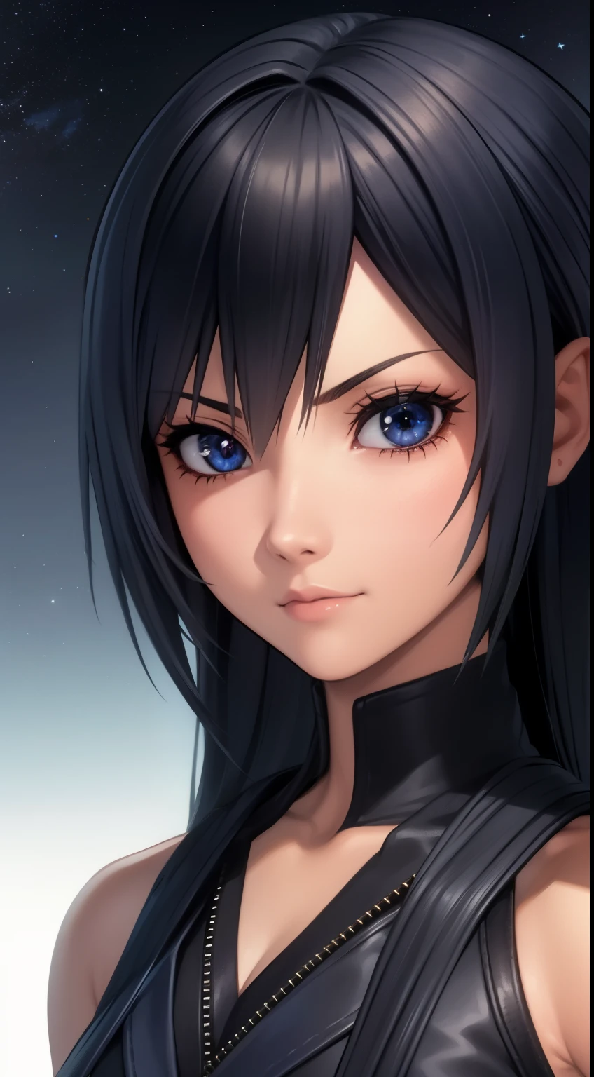 (high-quality, breathtaking),(expressive eyes, perfect face) Symmetrical Eyes, portrait, nomura tetsuya, nomura tetsuya art style, Kingdom Hearts, 1girl, female, black hair color, dark blue eye colors, hair between eyes, long hair length, neutral expression, feminine face black long sleeved jacket, open jacket, white shirt, facing towards viewer, black background, official art, starry night, kingdom hearts outfit
