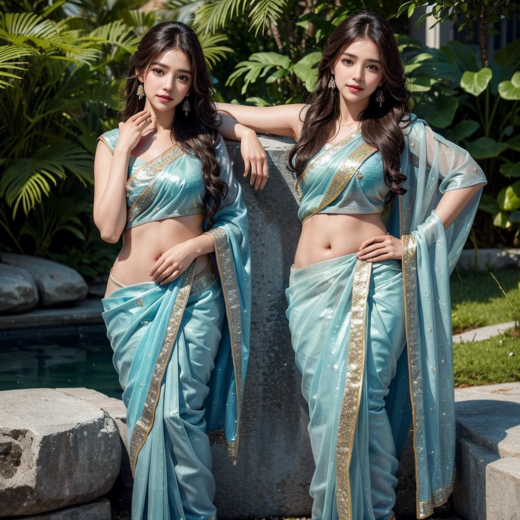 (Masterpiece:1.4), CG Unity 8k walpaper, ((Realistic: 1.2)), Ray Tracing, 64k,a girl 20 years, ((Luxury glitter Blue wearing an elegant saree: 1.2)), curly long hair,deep black eyes,shiny red lips,brown skin,lotus flower in her hair, palms decorated with henna,in a blooming garden,bright colorful flowers,green grass,blue sky,sunshine falling on her,peaceful and serene expression,subtle smile on her face,fingers delicately touching flower petals,body language full of grace and elegance, scenic beauty,painting as medium,detailed and vivid,high-resolution image,photorealistic rendering,vibrant colors,soft lighting, [(4 different Poses),(pose 1: Grab hair with both hands, tighten tummy to lift hips,stand side ways),(pose 2: strech your arm,hand on hip, tighten tummy and lift hip),(pose 3: tilt head to smile,put arm behind back,place arm side by leg),(pose 4: title your head to smile,put your hands naturally by your side,stand side ways)], (Detailed poses), (Detailed Dress), (detailed background) , Beautiful human real fingers, beautiful human real hands, Real human natural skin, 