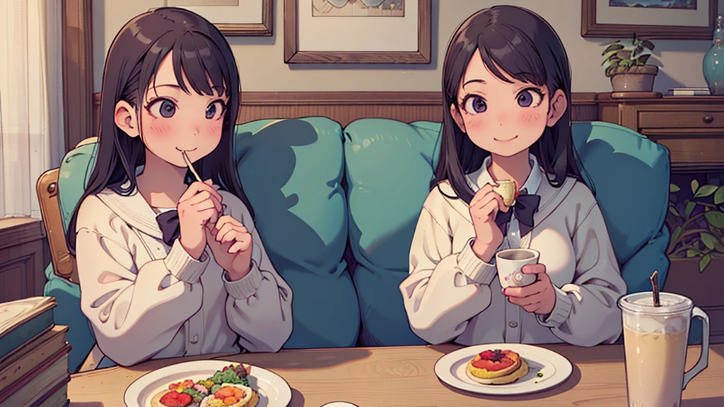 8k, {best quality}, {very aesthetic}, {ultra-detailed}, {best illustration}, high school girl, An ultra-elaborate living room in the early morning, {breakfast}, {A big smile}, Eat deliciously, comical,
