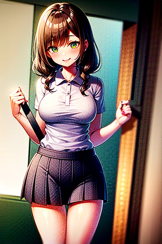 Cute trans girl, green eyes, waist length wavy dark brown hair, fair skin, smiling, C+ cup breasts, bit wide hips, 1,61cm height, wearing a pink polo top and a pastel light color pleated skirt, skirt penis medium bulge.