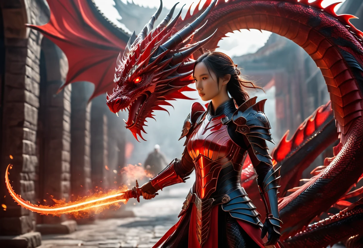 Cinematic, A fierce warrior woman stands before you, clad in a stunning red tech dragon armor is radiating tech energy . the armor is covering her whole body . The intricate armor is a mix of red and black, with bold red stripes that seem to pulsate with the dragon's magic. Her realistic appearance only adds to her awe-inspiring presence. Shot on a Sony Alpha A7 III camera with a Zeiss Batis lens at 85mm focal length and f/2.0 aperture, hyper realistic.xianxia
