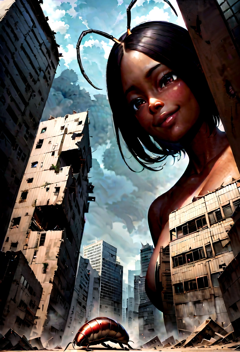 Low angle of feet、Giant hands crushing buildings、Long legs、Giant Feet、A giant face looks down、destroyed ground、lots of building、female、giant cockroach、Anthropomorphic cockroach、Looking up from the feet、whole body、female、Make women bigger、Giant娘、giantess、Realistic、Cute face、歩くGiant宇宙人女性、masterpiece、Highest quality、Very detailed、Detailed body、Detailed face、Narrow eyes、Giant black skinned woman、Giant、Head with antennae、smile、Giant娘に破壊される小さな街、街を蹂躙するGiant娘、Smoke-filled city、rubble、Gloomy Weather、Scary atmosphere、Real Anime、Real Animeスタイル、whole body図、Portrait、Walking towards here、The fugitive々、Anatomically correct、
