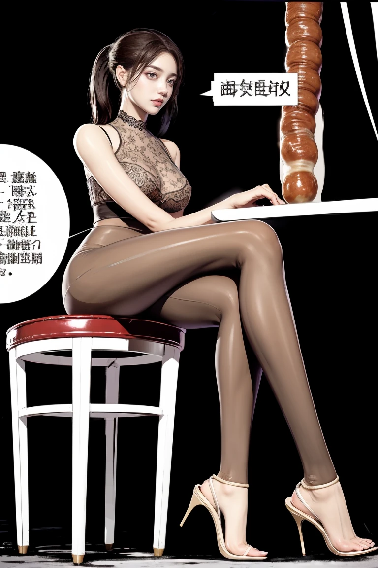 The beautiful girl in lace top and leggings is sitting astride a pile of skeletons in the center of the picture. She is holding a trembling sausage with juice squeezed out in her hand and smiling. There are multiple comic storyboards in the background，cbt, sausage bondage,sausage insertion,Sexy, trampling sausage with high heels heel,(masterpiece, best quality:1.2)，1 beautiful girl,sexy，comic storyboard:2, leggings, sit astride, axially symmetrical:2, ,femdom，sounding，cbt，hold，smile，colorful，leggings，thin gap，cameltoe，insertion，trembling，juice，spray， Long hair,Lace top,Sexy, Shiny leggings, High heel，cleveage, trampling, in forest, saliva , Mucus，