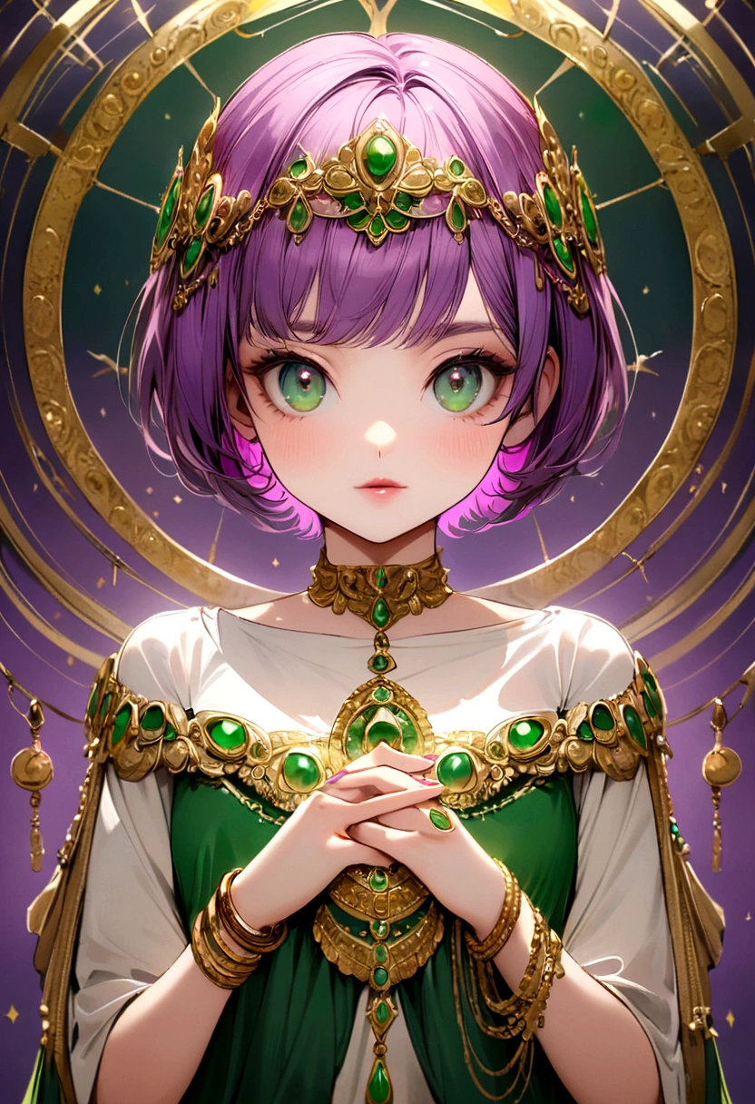 Purple pink short hair girl, Dark green eyes, Purple off-the-shoulder dress, White T-shirt underneath, Wearing a lot of gold bracelets, Green handbag, Crafty Face