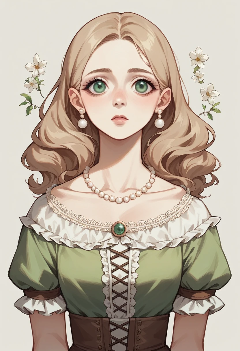 20 year old medieval era princess with fair skin, round face with a sharp nose, light brown elbow-length hair, and bright green eyes, a pink short-sleeved Victorian style dress with floral motifs and wearing a pearl necklace and pearl earrings