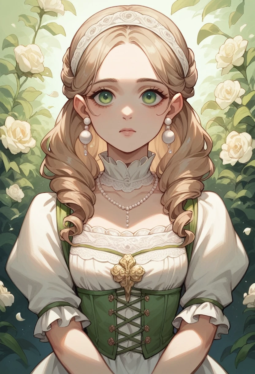 20 year old medieval era princess with fair skin, round face with a sharp nose, light brown elbow-length hair, and bright green eyes, a pink short-sleeved Victorian style dress with floral motifs and wearing a pearl necklace and pearl earrings