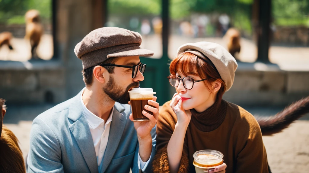Create a photorealistic image of an older, bespectacled, redhead woman with bangs and a bun, and a bespectacled, beardless man with a cap. They are drinking coffee in a zoo with the monkeys. Write “Enjoy your day!” next to it