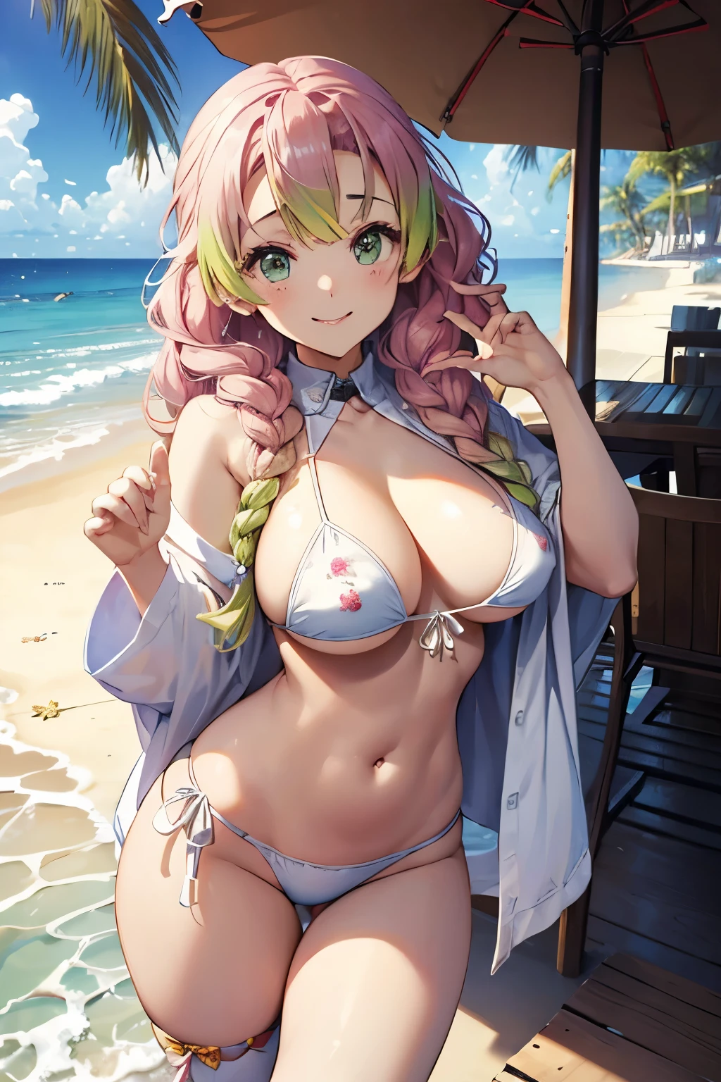 (8K、masterpiece、Highly detailed background、high resolution)、(mitsuri kanroji)、Cleavage、(beach、White Bikini、Swim ring、Gravure pose、Embarrassed smile、Nipple protrusion)