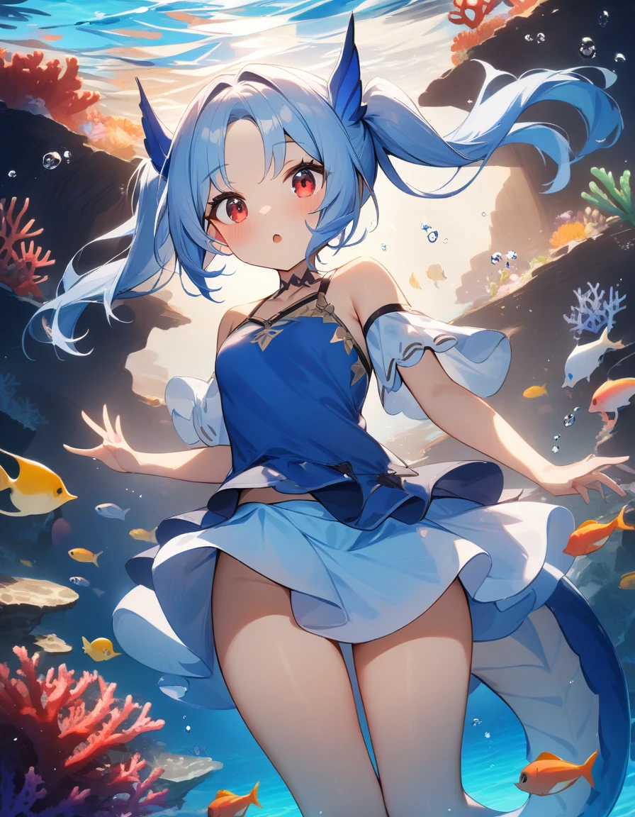 1girl, :o, seahorse tail fin, small breasts, short hair, parted bangs, light-blue hair, pigtails, red eyes, blue top, unde the sea, coral, masterpiece quality, ultra HD, 4K, best quality,