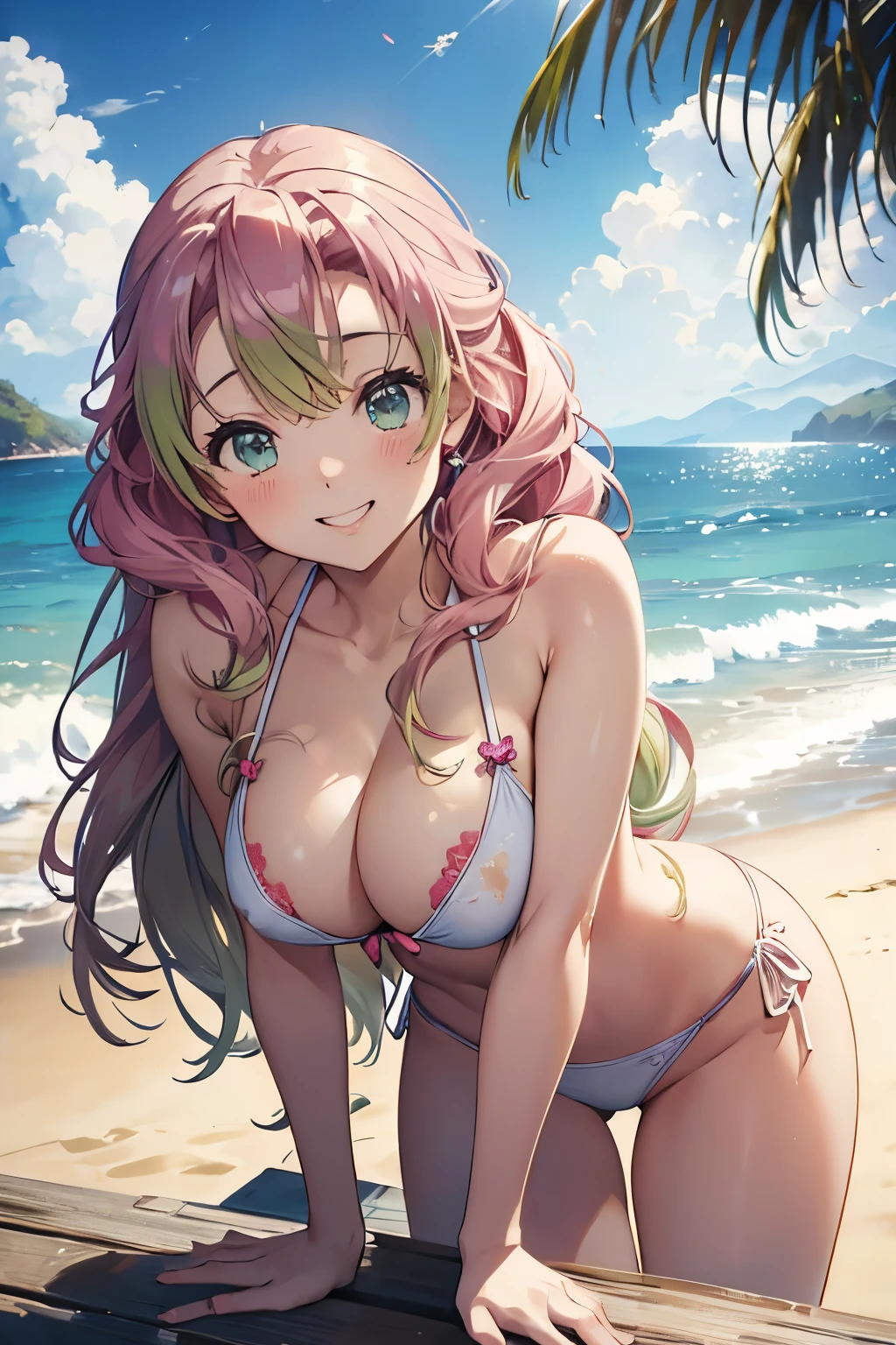 (8K、masterpiece、Highly detailed background、high resolution)、(mitsuri kanroji)、Cleavage、(beach、White Bikini、Swim ring、Gravure pose、Embarrassed smile、Nipple protrusion)