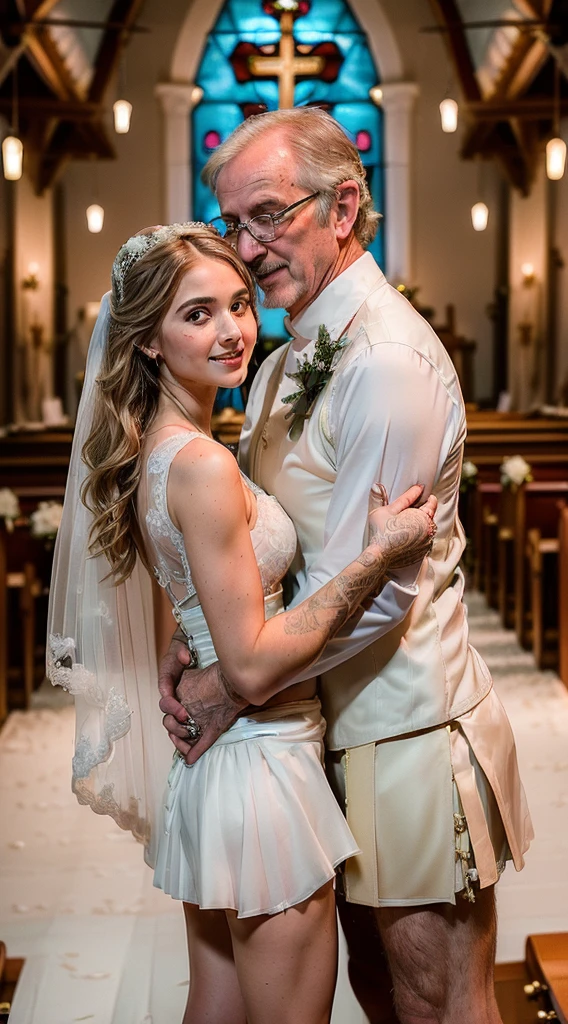 (Father-daughter marriage scene:1.9)), (one ultra sexual 13 year old sexy angelic horny incredibly gorgeous supermodel daughter bride embracing her father:1.7), pinned against a wall, high quality fingers, normal hands, detailed fingers, masterpiece, (she is wearing an ultra sexy tight micro-mini bridal skirt:1.7), (realistic, photo-realistic:1.37), (full body:1.5), (masterpiece), best quality, ultra beautiful woman, (thin slender legs:1.5), FF cupped breasts, deep cleavage:1.5, thin waist, perfect teeth, blonde hair, bright blue eyes, cute round ass, with a fun quirky smile, unbuttoned blouse, ((inside a church a girl getting married to her father:1.5))  , view from front 