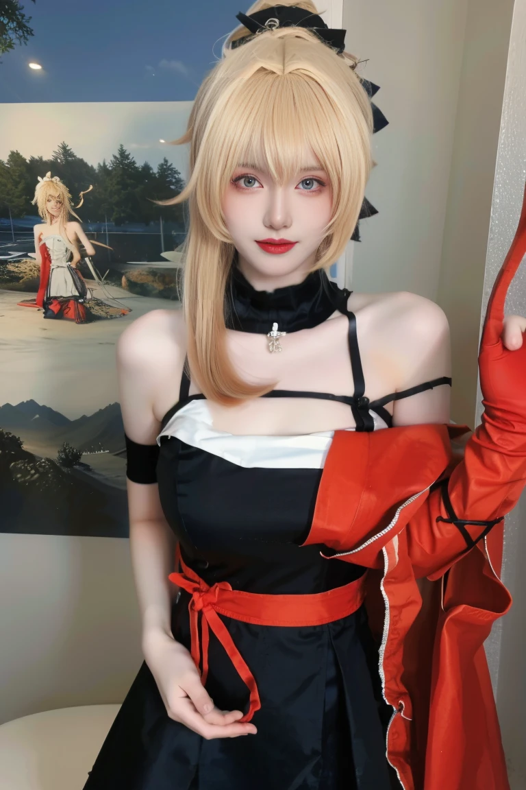 best quality, tmasterpiece,Ultra-high resolution,Clear face,(Reality:1.4),ferpect lighting,(upper body shot:1.5), (photorealistic:1.50), anime wallpaper, Guviz style artwork, cover-up fantasy up to magic , by Yang J, Guviz, beautiful artwork illustration, beautiful digital artwork, beautiful digital illustration, Li Song, beautiful anime portrait, art style in Beauvot,1girl, solo, long hair, blonde hair, Ponytail hair, Hair ribbon, Red ribbon, Bangs, hair ornament, (black dress:1.3), short dress, Thigh, standing,