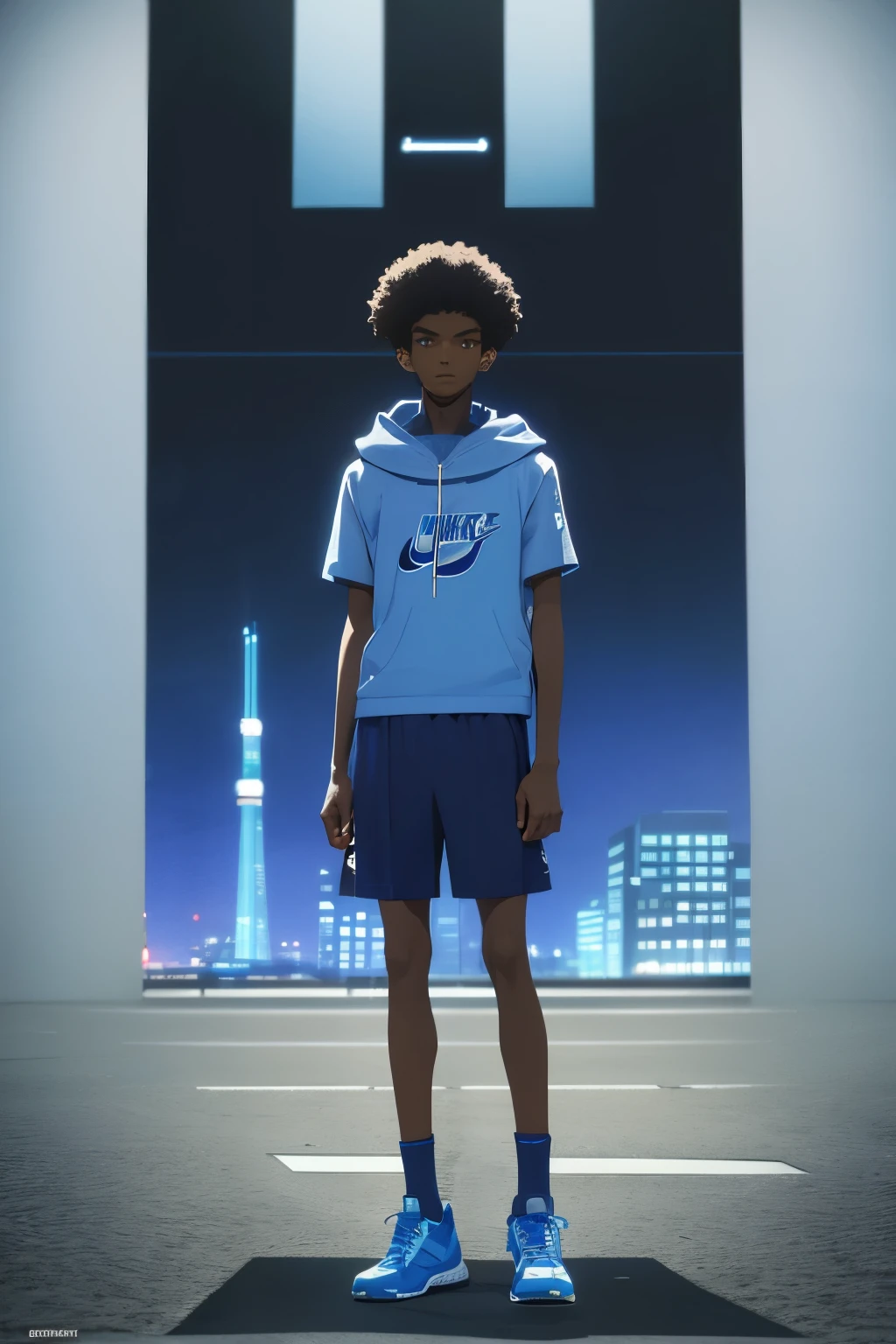 genarted of a darkskin tall and very skinny 15 year old rocking some nike air shoe afro and wearing blue hooded with the word Donny on it 2d flat anime
, full body pose, studio ghibli,night time, Retro. paper grain, 80s ambient. Moody. Face details, High Resolution, city scape, buildings, high detail, digital image