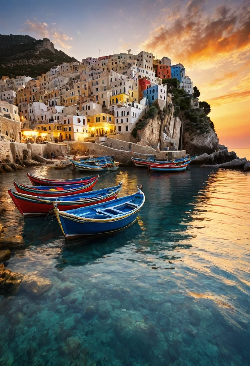 Visualize a stunning sunset over the calm waters of the Mediterranean Sea, casting a golden hue over a tranquil fishing village with whitewashed buildings and colorful boats.