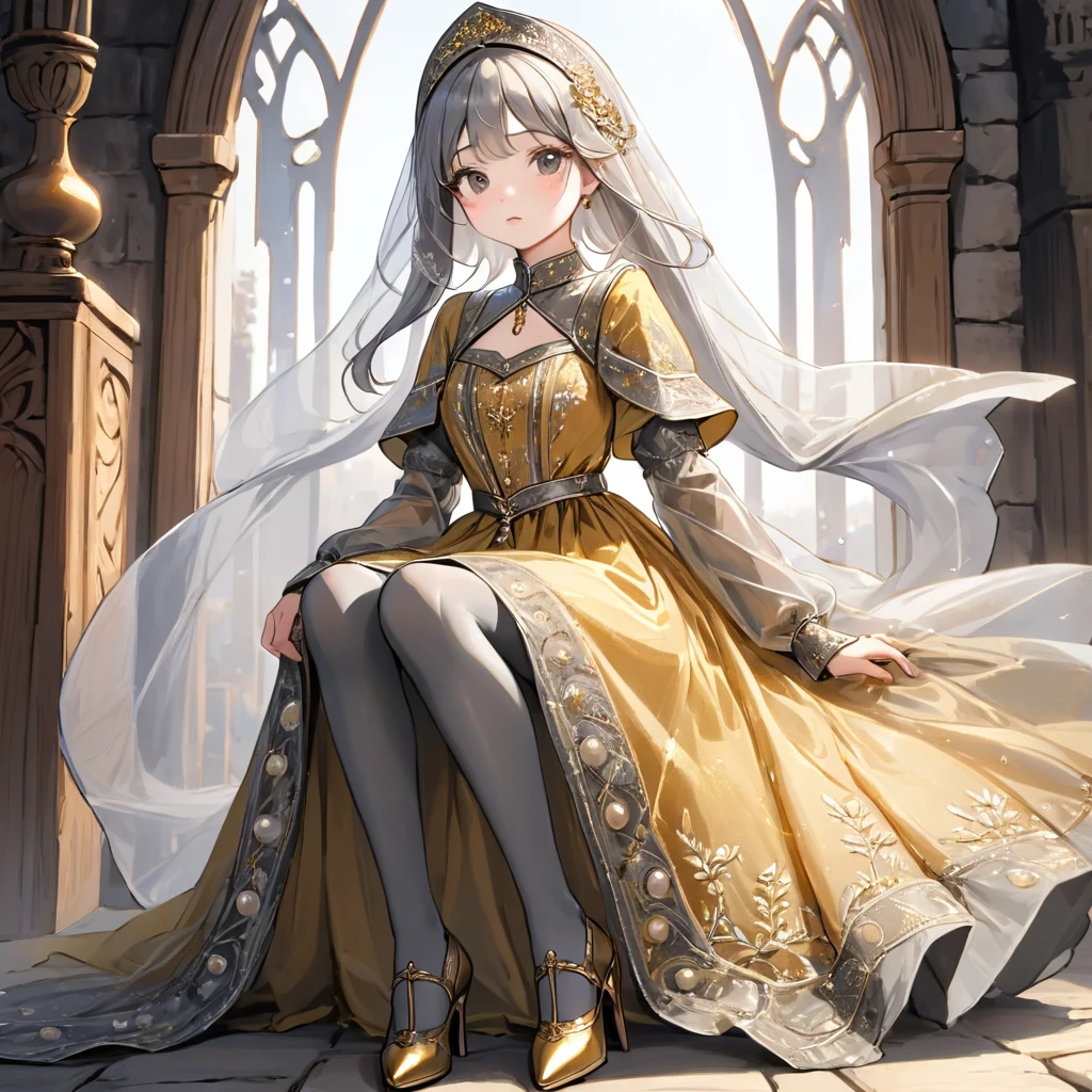 girl, Gold and silver embroidery, Platinum and pearl medieval long dress(With panniers), Translucent fabric, Pull up the dress by hand, Strong winds, Translucent slip, Grey translucent tights, Peeking from below, Highest quality, Disorder of clothing, sit