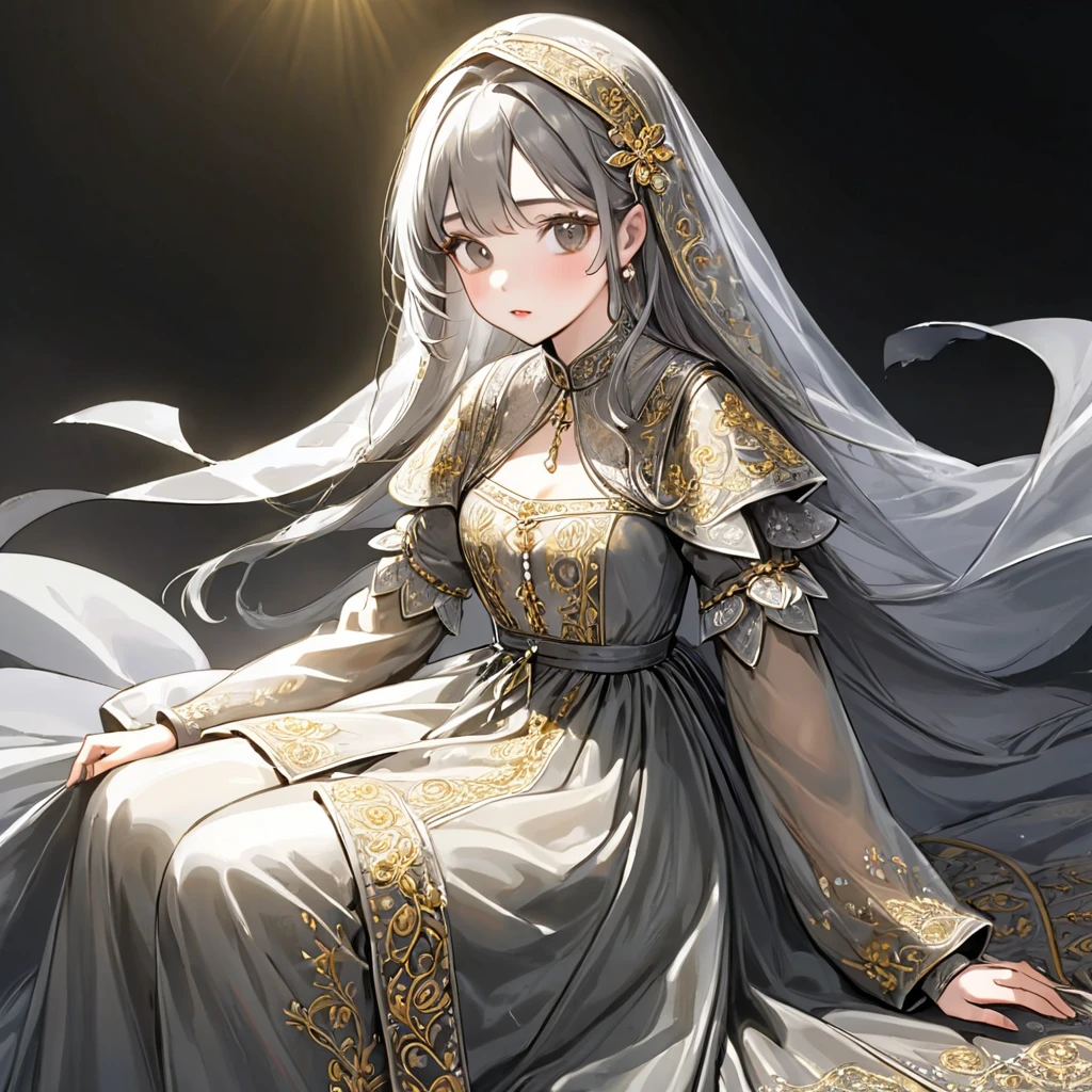 girl, Gold and silver embroidery, Platinum and pearl medieval long dress(With panniers), Translucent fabric, Pull up the dress by hand, Strong winds, Translucent slip, Grey translucent tights, Peeking from below, Highest quality, Disorder of clothing, sit