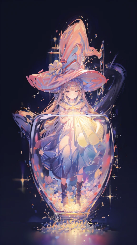 ((magic使いの女の子:1.5)), Full body photography，Perfect Face, Beautiful Face, Highly detailed face，(Long Hair:1.3)，(Witch Hat:1.3)，(Girl In A Bottle:1.4)、boots，Witch's broom，magicの杖，book of magic，Night Sky，たくさんのstar，Shine，smile，Light，magic，moonLight，starの粒，star々，moon，流れstar、Sparkling