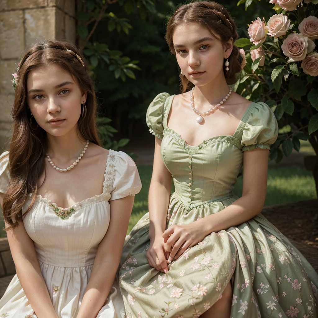 20 year old medieval era princess with fair skin, round face with a sharp nose, light brown elbow-length hair, and bright green eyes, a pink short-sleeved Victorian style dress with floral motifs and wearing a pearl necklace and pearl earrings