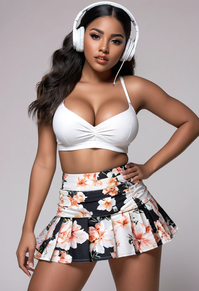 1girl, head phones, sexy pose, (), (Latina), dark skin, (totally realistic), (very hot), (cleavage), (huge breasts), (very wide hips), (so sweet), temptation), (very round ass), ((no belly)), ((flat belly)), ((ultra thin waist)), (white pleated skirt), wide shot, (black floral bra 1.1), (tone abs:1.0), (shoulders back:1.1), (looking at me:1.5) (Masterpiece, Professional lighting, 16k, 8k wallpaper, raw photo, photorealistic:1.8, ultra detailed, natural lighting, detailed skin sexy pose, cowboy shot, open mouth, big lips