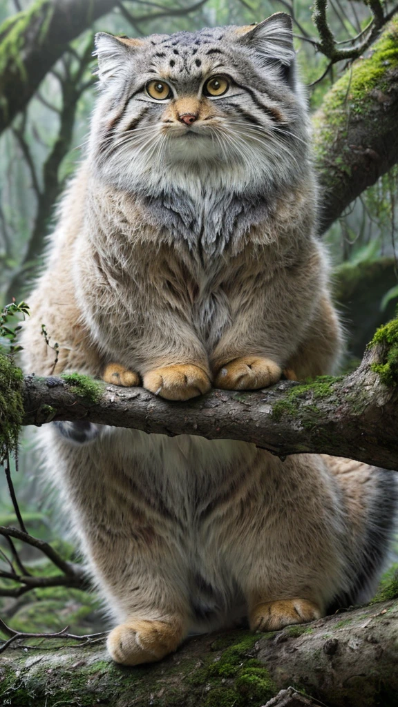 manul20, style of ansel adams, full body view of a majestic manul cat sitting on a branch of an ancient tree in a primeval forest of central asia, light fog, (moss covered branches, lush, gnarled, dense foliage:1.2), (epic composition, golden ratio:1.4), (masterpiece, best quality, 16k, 8k, ultra highres, absurdres, highres, masterpiece, best quality, dslr, raw photo:1.2), clean focus, full sharp, 16k, 8k, ultra highres, absurdres, highres, extremely detailed, highly detailed, intricate details