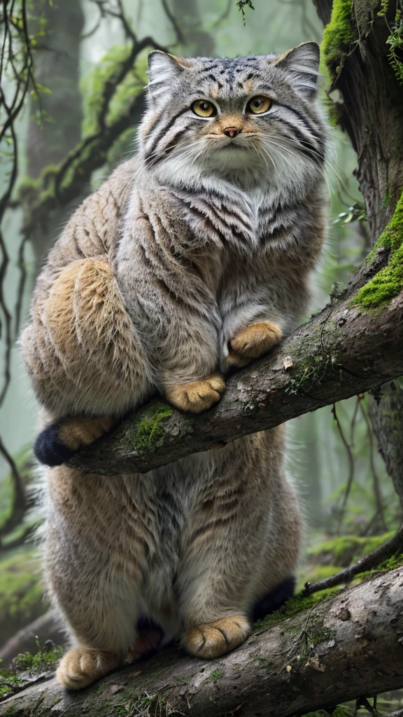 manul20, style of ansel adams, full body view of a majestic manul cat sitting on a branch of an ancient tree in a primeval forest of central asia, light fog, (moss covered branches, lush, gnarled, dense foliage:1.2), (epic composition, golden ratio:1.4), (masterpiece, best quality, 16k, 8k, ultra highres, absurdres, highres, masterpiece, best quality, dslr, raw photo:1.2), clean focus, full sharp, 16k, 8k, ultra highres, absurdres, highres, extremely detailed, highly detailed, intricate details