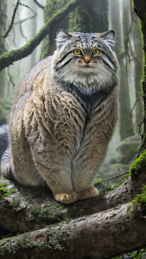 manul20, style of ansel adams, full body view of a majestic manul cat sitting on a branch of an ancient tree in a primeval forest of central asia, light fog, (moss covered branches, lush, gnarled, dense foliage:1.2), (epic composition, golden ratio:1.4), (masterpiece, best quality, 16k, 8k, ultra highres, absurdres, highres, masterpiece, best quality, dslr, raw photo:1.2), clean focus, full sharp, 16k, 8k, ultra highres, absurdres, highres, extremely detailed, highly detailed, intricate details