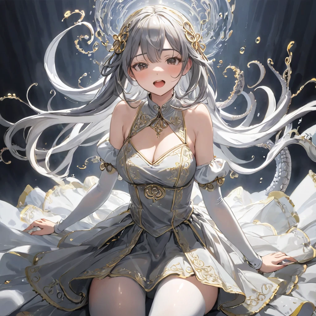 girl, Gold and silver embroidery, Medieval Long Dress(With panniers), Translucent fabric, Pull up the dress by hand, Strong winds, Translucent slip, Grey translucent tights, Peeking from below, Highest quality, Disorder of clothing, sit,Crotch close-up, whole body, Spread your legs,orgasm,blush, Sweat,White panties、Squat、Look at this、skirt、、Attacked by tentacles、Tentacles wrap around my legs、Tentacles in the crotch、Captured by tentacles、cry、shout、Ecstasy face、skirtの中の触手、Do not run away、Lying down、Torn clothes、skirtの下からスパッツが見えます、Spread your legs、Disheveled clothing、skirtをめくった、