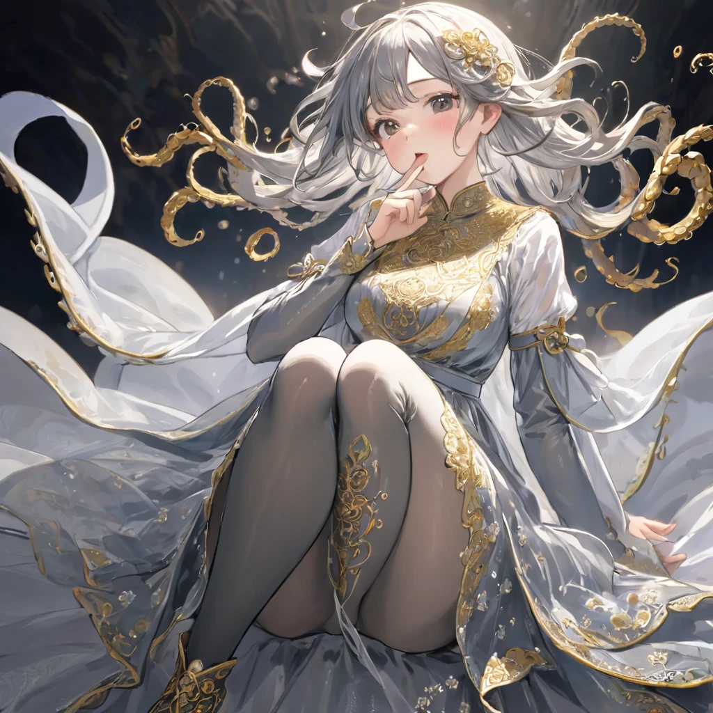 girl, Gold and silver embroidery, Medieval Long Dress(With panniers), Translucent fabric, Pull up the dress by hand, Strong winds, Translucent slip, Grey translucent tights, Peeking from below, Highest quality, Disorder of clothing, sit,Crotch close-up, whole body, Spread your legs,orgasm,blush, Sweat,White panties、Squat、Look at this、skirt、、Attacked by tentacles、Tentacles wrap around my legs、Tentacles in the crotch、Captured by tentacles、cry、shout、Ecstasy face、skirtの中の触手、Do not run away、Lying down、Torn clothes、skirtの下からスパッツが見えます、Spread your legs、Disheveled clothing、skirtをめくった、