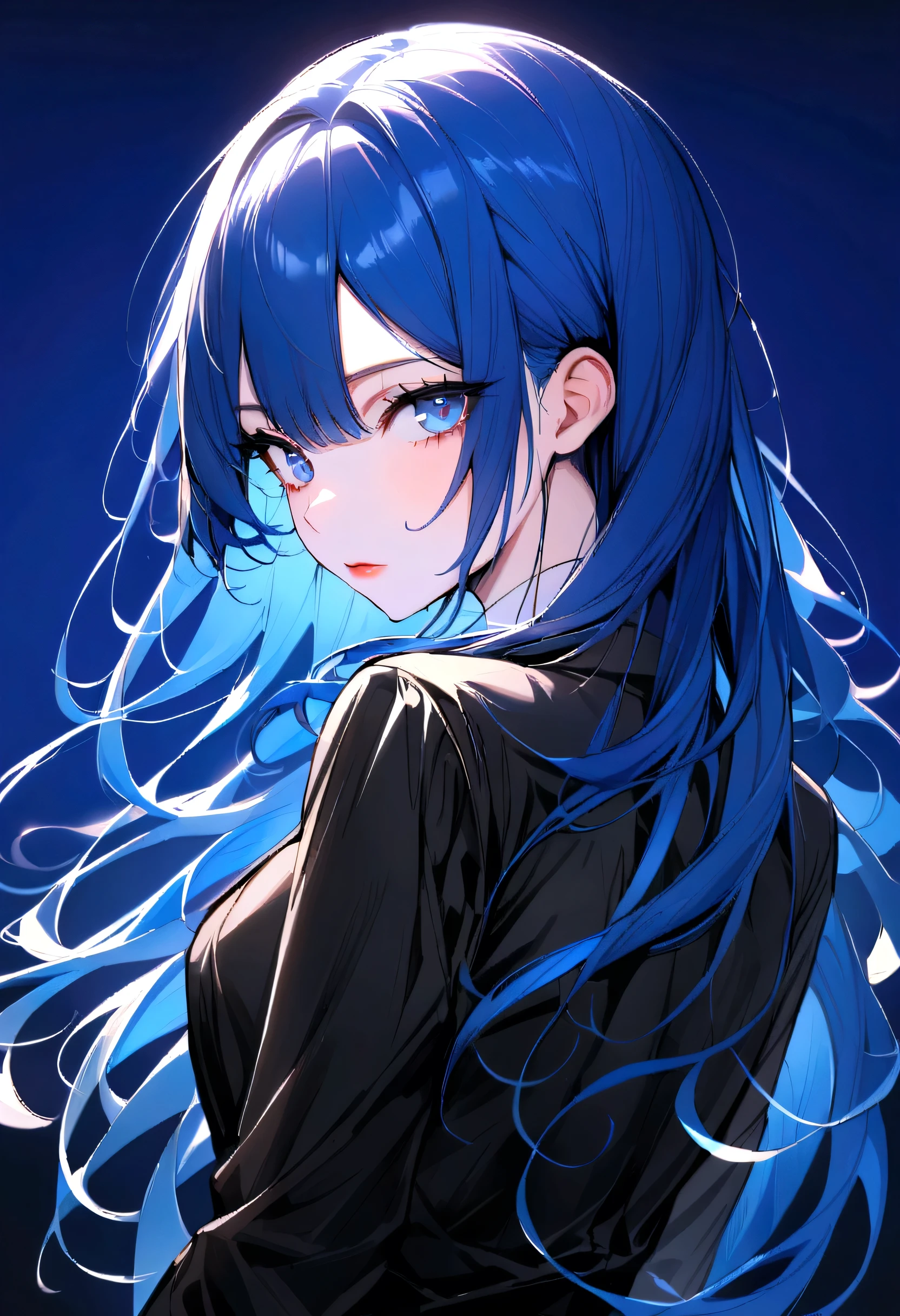 (Highest quality)(1 woman,single,blue long hair,blue eyes ,Black suit shirt,Turn to look at the viewer,clear sky)look back ผมสวย