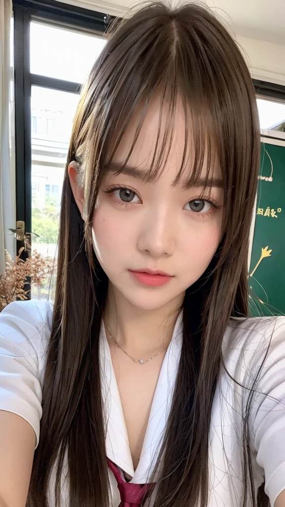 bright expression、photorealisim、top-quality、超A high resolution、a picture、Photos of the most beautiful Nordic girls、Detailed cute and beautiful face、a small face、(pureerosface_v1:0.008)、Beautiful bangs、alice in the wonderland、18year old、Glowing white shiny skin、Hair clings to the face、Bangs that extend to the face、bangss、Hair between the eyes、Super long hair、Attractive bright natural platinum blonde super long straight silky hainer hair、Attractive glowing beautiful bright clear light blue big eyes、School Uniforms、student clothes、eye liner、Double eyelids、ample breasts