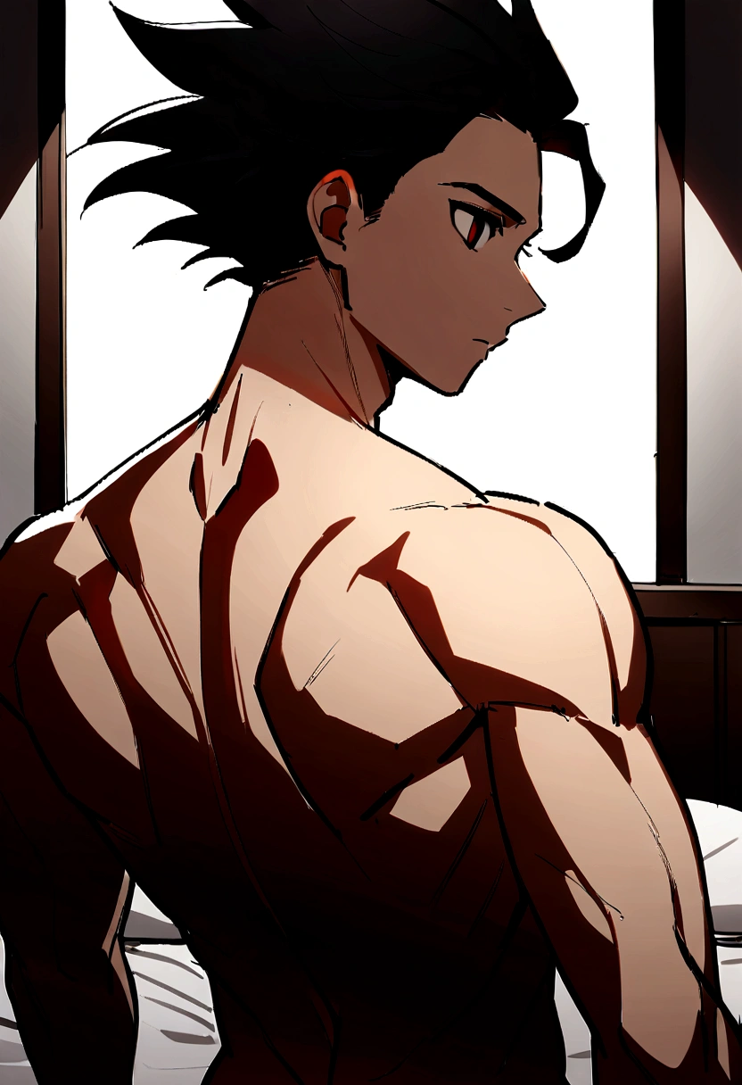 1boy, male focus, ponyzeldris, black hair, short hair, spiked hair, black eyes, red eyes, empty eyes, muscle, back view, Wearing a white shirt, naked, bedroom background