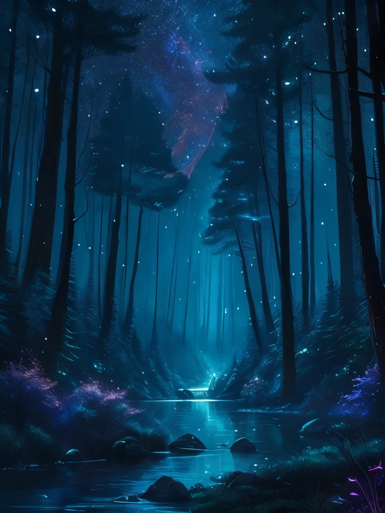a painting of a forest with a river and stars in the sky, magical forest, magical fantasy forest, magical background, magical forest backround, glowing forest, background artwork, magical forest in the background, enchanted magical fantasy forest, magical colours and atmosphere, fantasy forest, magic fairy forest, magic forest, magical colors and atmosphere, very magical and dreamy