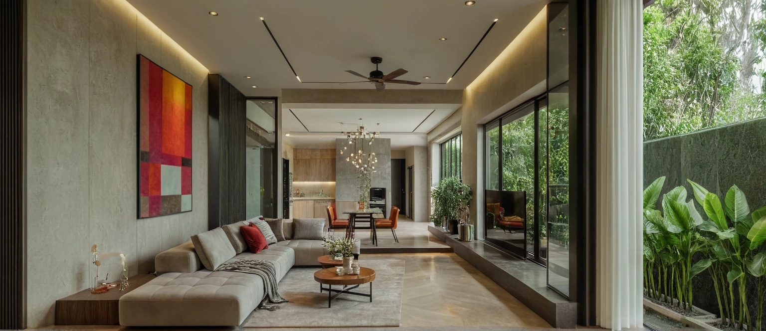 Raw photo,Masterpiece, high quality, best quality, authentic, super detail, 
interior, indoors, living room style modern, glass window, garden
, (daylight:1.1), vivid colour, (realistic:1.2),