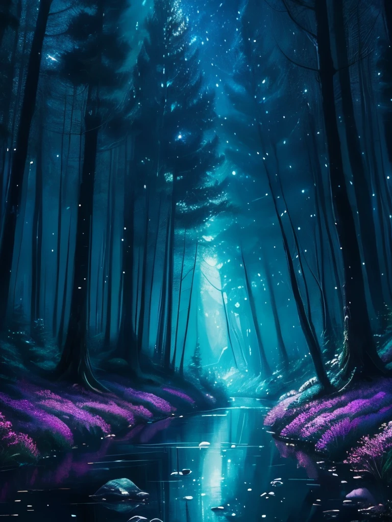 a painting of a forest with a river and stars in the sky, magical forest, magical fantasy forest, magical background, magical forest backround, glowing forest, background artwork, magical forest in the background, enchanted magical fantasy forest, magical colours and atmosphere, fantasy forest, magic fairy forest, magic forest, magical colors and atmosphere, very magical and dreamy