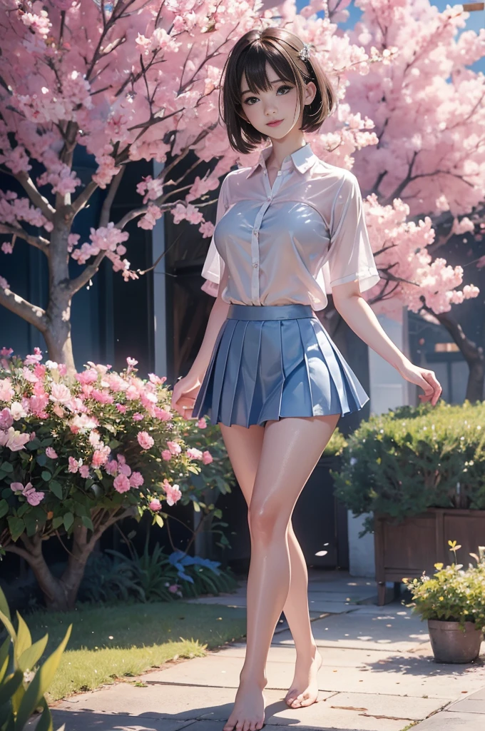 hyper detailed, (Masterpiece, top-quality), (Realistic, Photorealistic:1.4),, Beautiful illustration, best quality, best quality,full body focus, soft light, ultra high res, 8k, Masterpiece, , , view the viewer, (full body:1.5) , front view, (1girl:cute:1.5), very cute,,, beautiful white skin, Cute face, , (brown very short hair), bangs, (Blue eyes), bangs,beautiful (Huge breasts:0.7) , curvy, Beautiful boob, Beautiful finger, Beautiful hands, Beautiful feet, Beautiful legs, (high resolution detail of human skin texture) ,(pink collared short sleeved ultra thin shirt, gray pleated ultra thin microskirt, ,,), brown lofers ,out door, lake side, cloudy sky , ((standing shade tree, ,shy smiling, ,nose blush,),(wet body:0.3), (erect nipples:0.6), (sheer:0.4)skirt, (sheer:0.5)shirt)) , ,score_9, solo,  no bra, no panties,