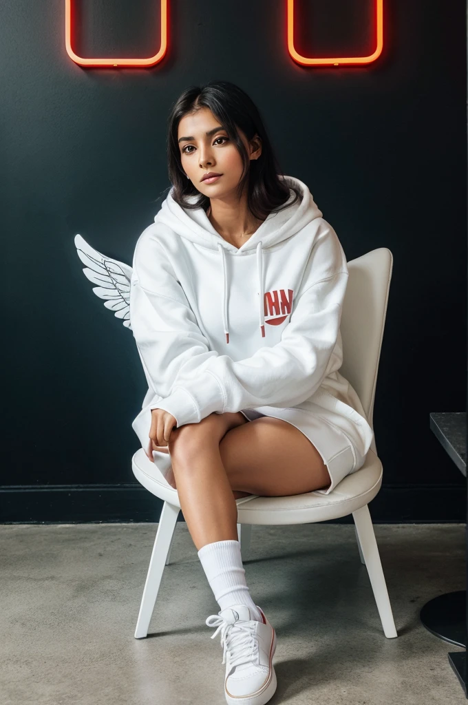 Create a 3D illusion for a profile picture where a 25 old girl in a white hoodie Sitting casually on a Create a 3D illusion for a profile picture where a 25 Year old girl in a white hoodie Sitting casually on a Wingback Chair. Wearing sneakers,a white, She looks ahead. The background features “Muskan” in big and capital red neon light fonts on the black wall. There should not be his shadow, and there are wings to make it appear as if he is an angel. Chair. Wearing sneakers,a white, She looks ahead. The background features “VISHAL” in big and capital red neon light fonts on the black wall. There should not be his shadow, and there are wings to make it appear as if he is an angel.